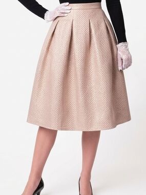 H&M Blush Pink Textured Pleated A-Line Midi Skirt Size 4 Retro Pinup